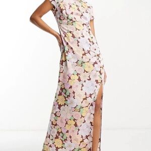 ASOS Floral Maxi Dress in Brown with Pastel Pink, Yellow & Mint